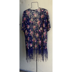 SWEET RAIN Rose Navy Kimono Topper Lace Mesh Long Fringe Open Front Boho Sz Med